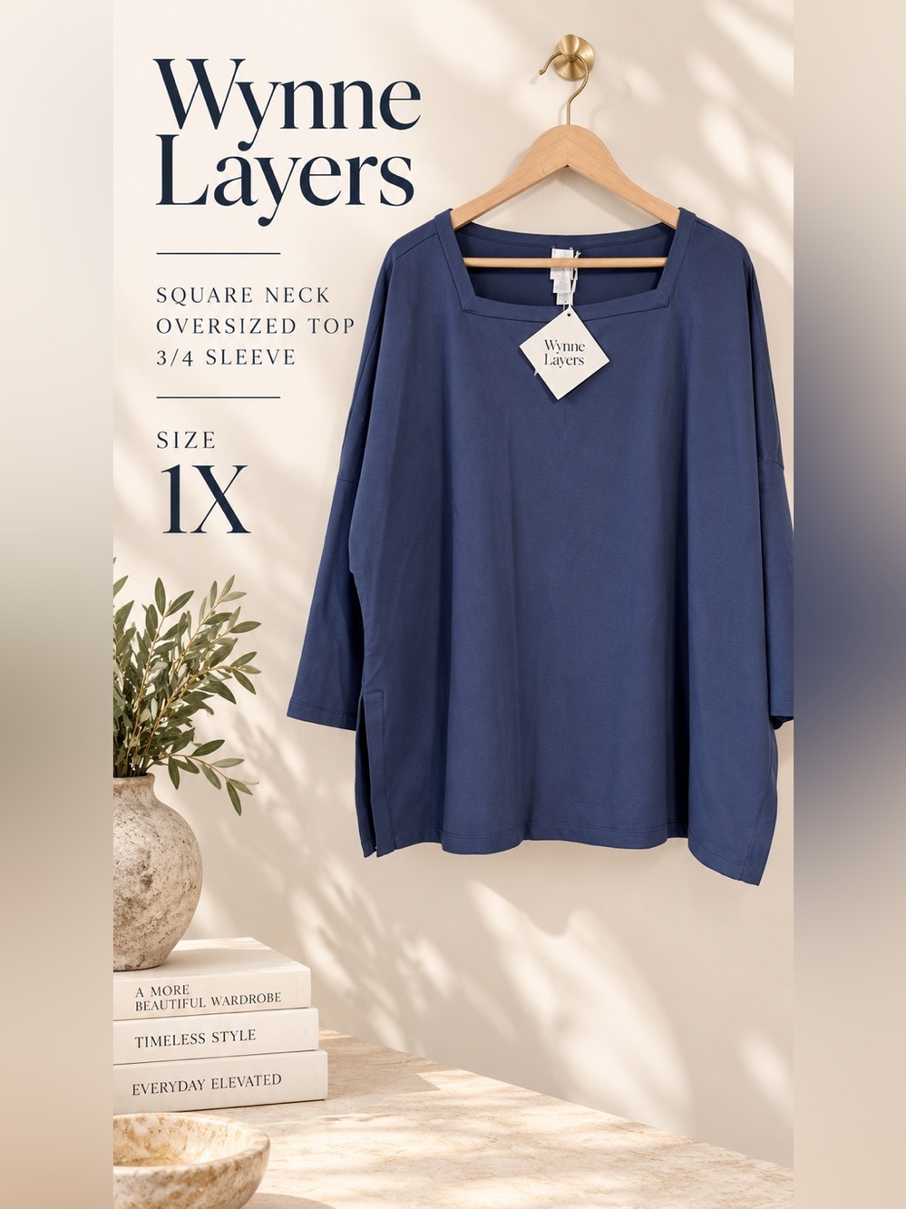 Wynne Layers Navy Blue Square Neck Oversized 3/4 Sleeve Top Size 1X